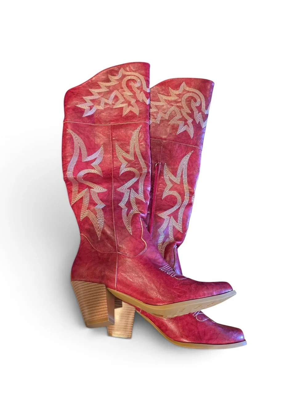 NWOT Red Over-The-Knee Western Boots with White Embroidery